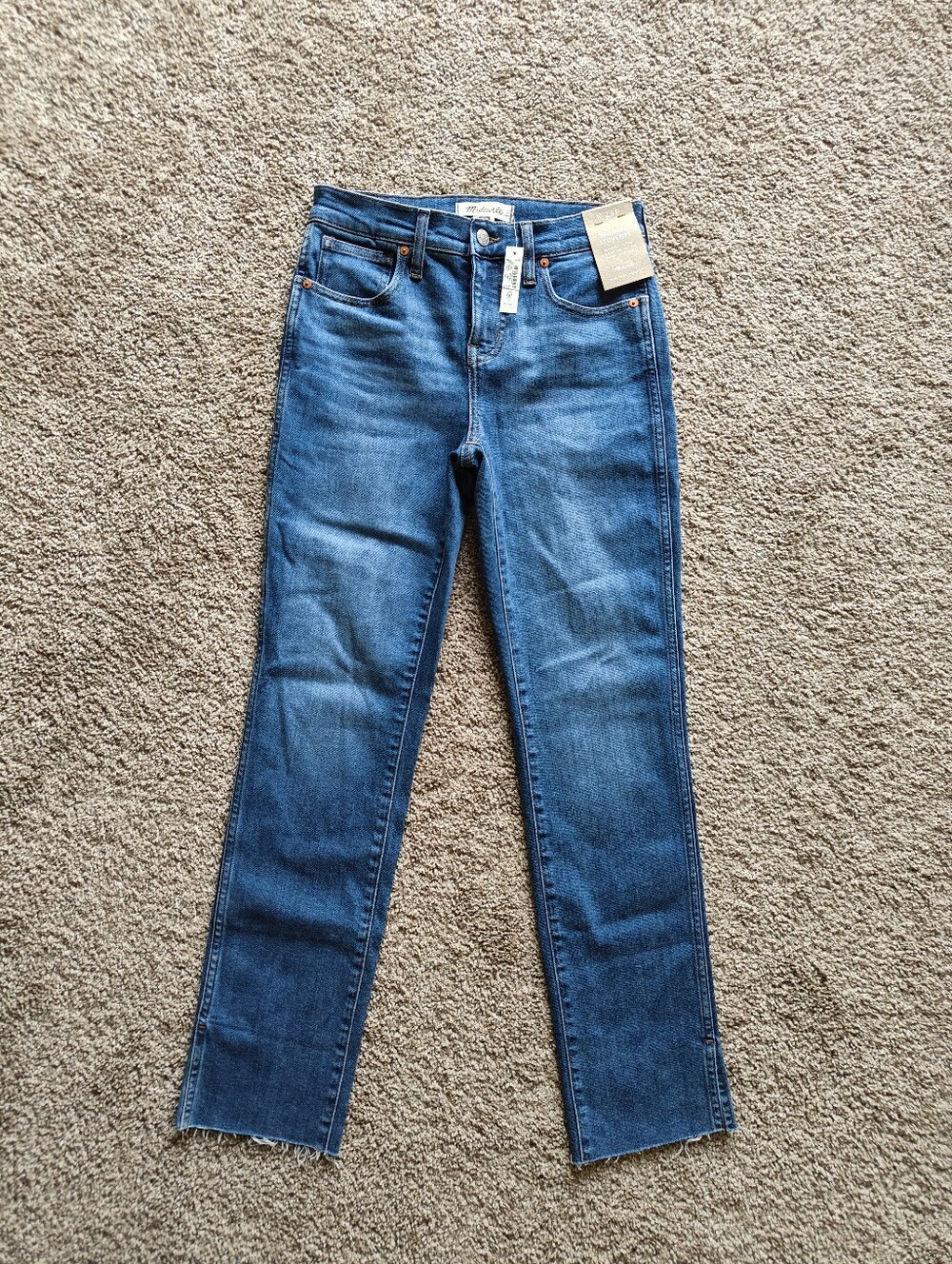 NWT Madewell Mid Rise Stovepipe Frayed Bottom Women's Blue Denim Jeans Size 26P